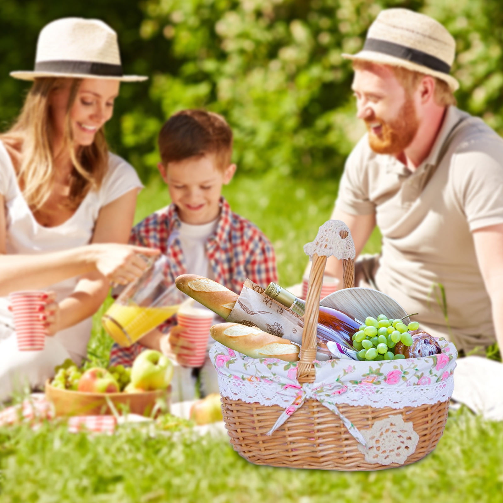 Wicker Picnic Basket with Removable Floral Liner, Suitable for Weddings, Holidays, Gardening, Valentine's Day, Easter, Parties, Celebrations, Oval Picnic Camping Outdoor Basket, 9.8 x 7.8 x 10.2 in