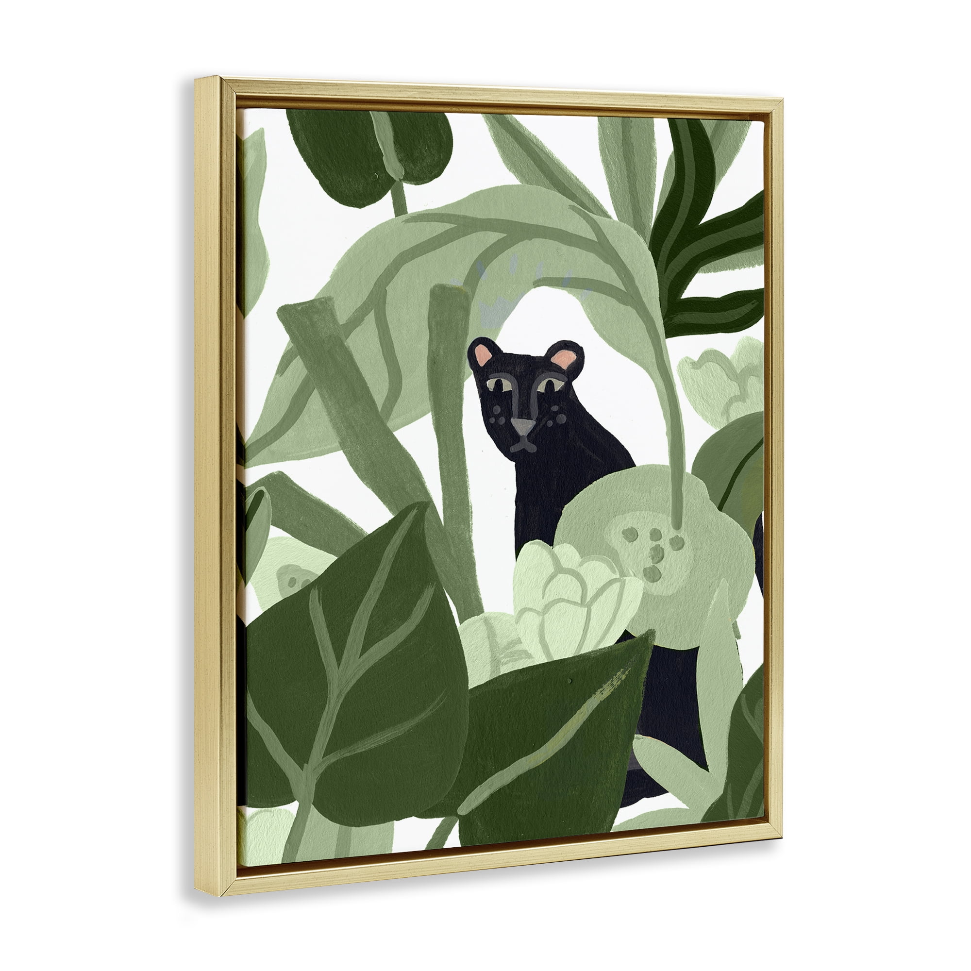 Stupell Industries Panther Peeking from Leaves Plants & Flowers Painting Gold Floater Framed Canvas Art Print Wall Art, 25 x 31