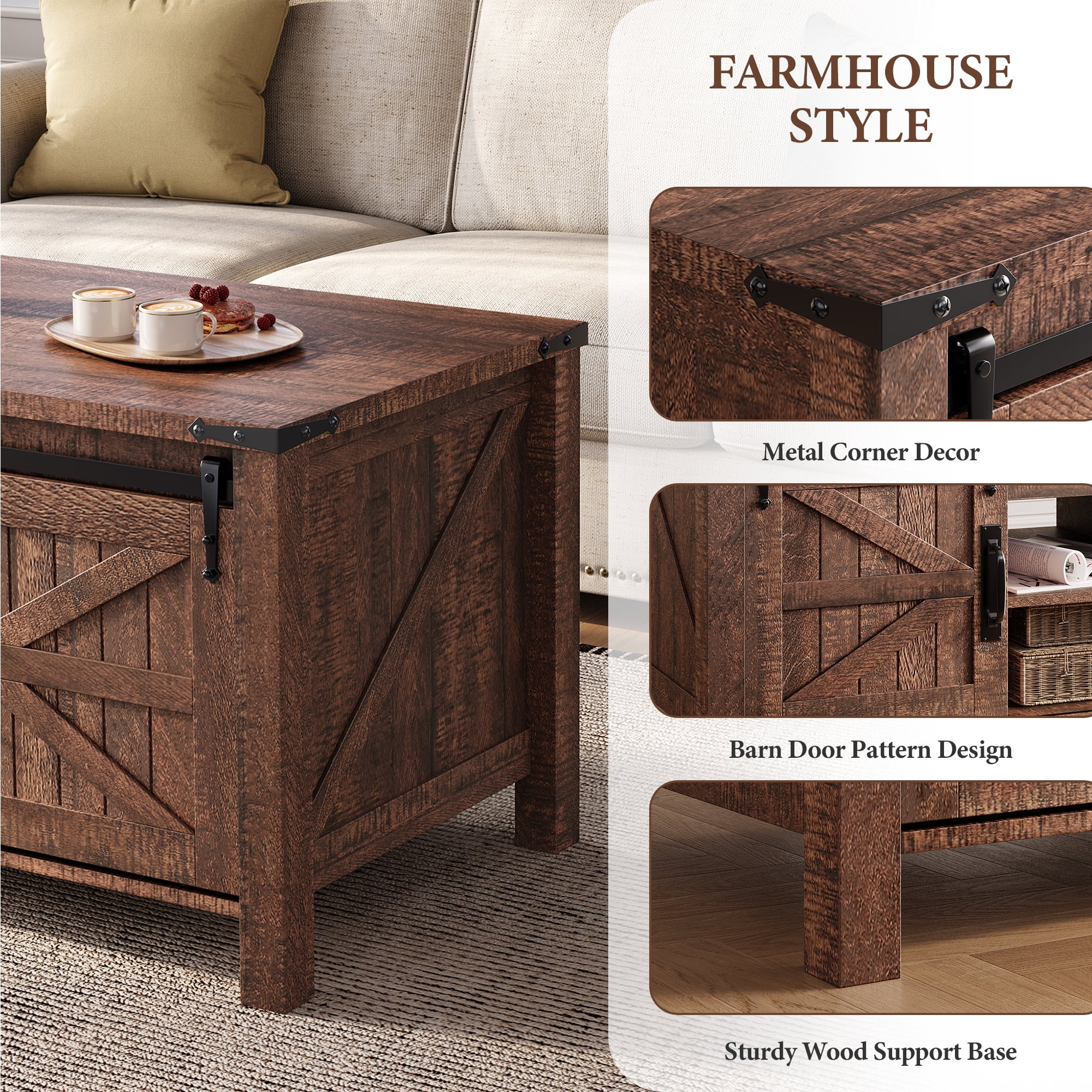 OKD 48" Farmhouse Lift Top Coffee Table with Sliding Barn Door, Rustic Center Table with Hidden Storage Compartment for Living Room, Office, Reclaimed Barnwood