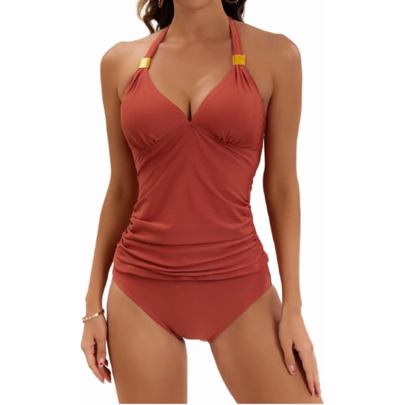 ZANKLEY Womens Halter Tankini Two Piece Bathing Suit V Neck Ruched Swimwear