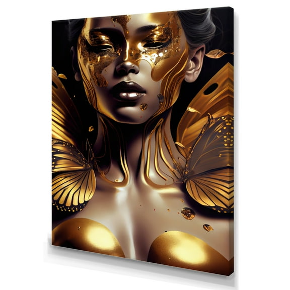 Designart Woman With Black And Gold Butterflies III Canvas Wall Art