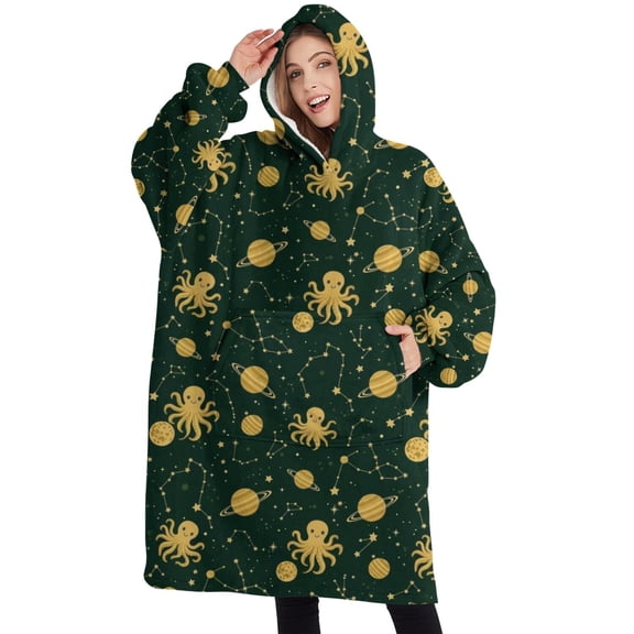 Oversized Wearable Blanket Hoodie,Green Octopus Planet Star Pattern Sherpa Blanket Hoodie with Super Pockets,Super Warm Fuzzy Pullover for Women & Men