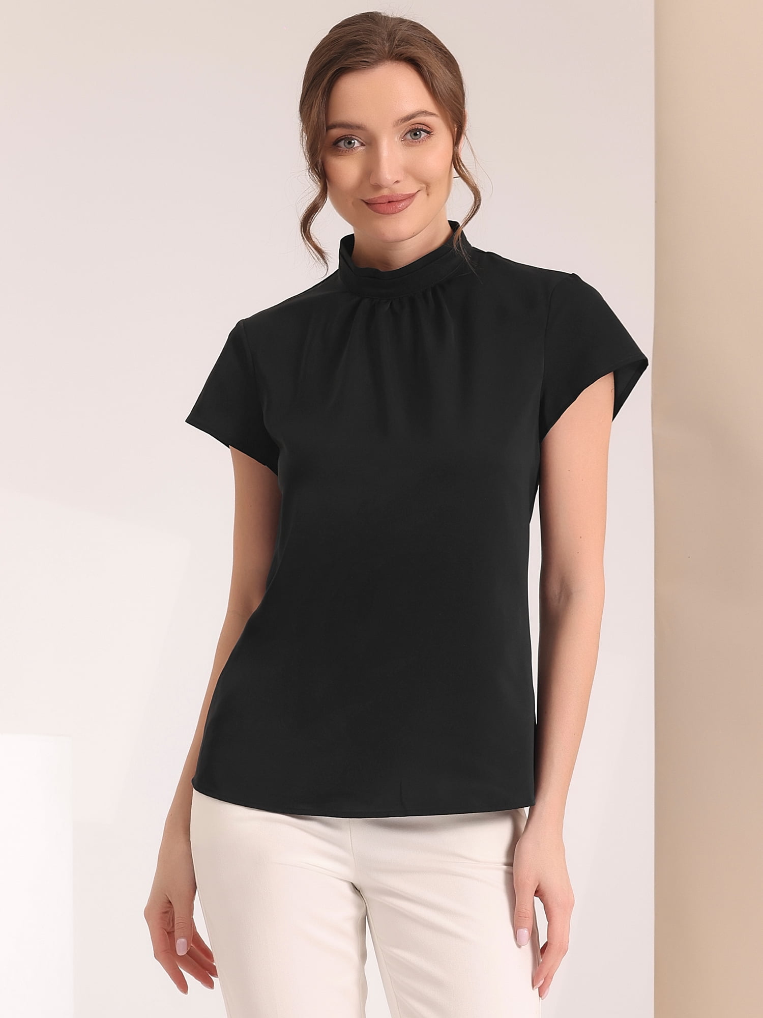 DARING DIVA Stand Collar Cap Sleeve Keyhole Back Blouse L Black