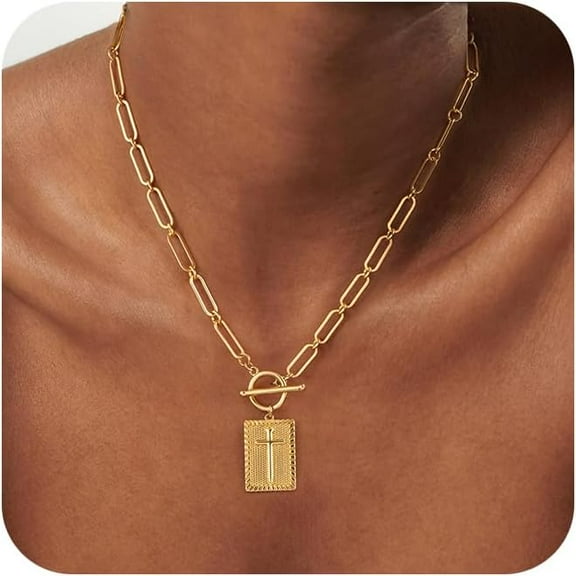 14K Gold Plated/Silver Plated Cross Necklace for Women Trendy Chunky Cross Pendant Necklace Toggle Clasp Paperclip Box Chain Charm Necklaces for Women Jewelry Gift Christian Religious Baptism