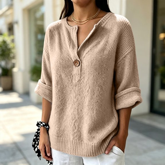Womens Fall Sweaters 2026 Womens Sweaters Henley V Neck Pullover Layering Pullover Tops Thanksgiving Outfit Going Out Outfits Pullover Sweaters Relaxed Fit Fall Winter Outfits Beige L