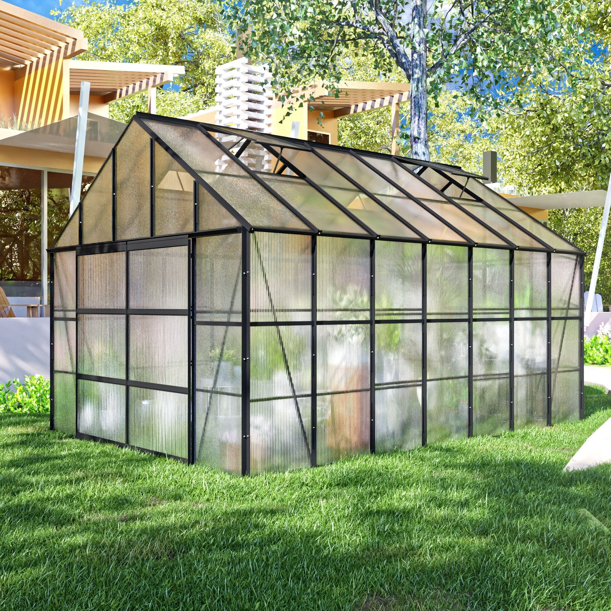 10x14 FT Outdoors Greenhouse, Walk-in Aluminum Polycarbonate Greenhouses with 4 Roof Vent Windows and Lockable Double Doors, for Plants in Winter(Black)