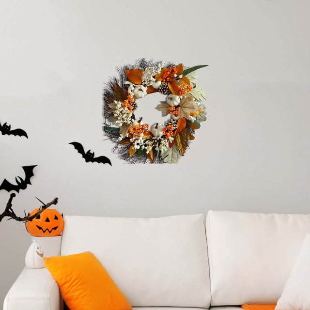 Guirnaldas de Acción de Gracias de algodón con hojas de arce y frutas, corona de hojas de arce blancas, decoración de calabaza, colgante de pared, decoración de puerta, anillo para colgar en la pared