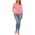 thumbnail image 2 of BLUSA RUCHADA PARA MUJERES CHIC CON BOTONES DECORATIVOS, ESCOTE EN V, MANGA 3/4, TEJIDO SÓLIDO, TALLA XL, ROSA CORAL, 2 of 6
