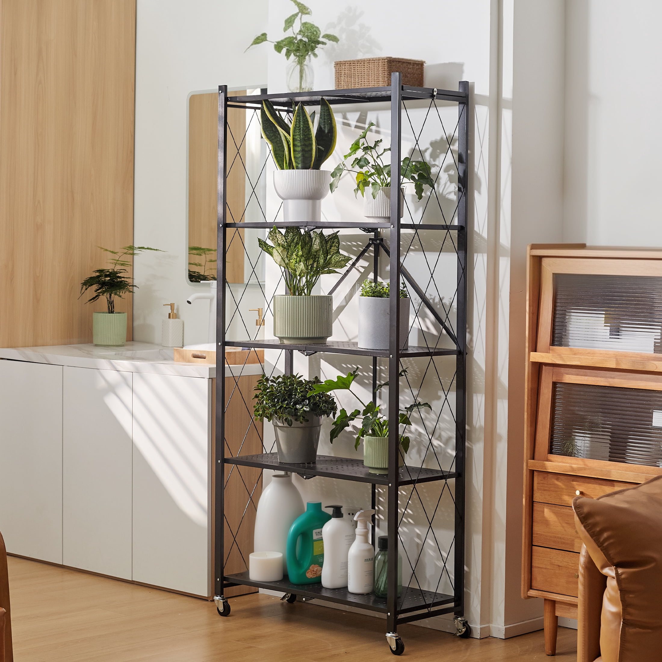 Nbcleanic 70.7" H 5-Tier Storage Shelves with Wheels, Black, 2 Pack