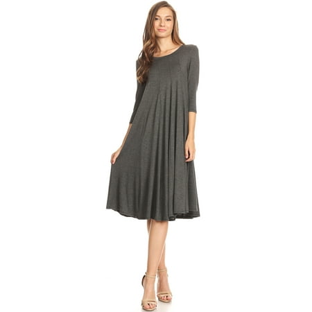 - Women's Trendy Style 3/4 Sleeves Solid Midi Dress