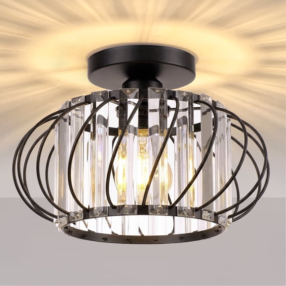 FRIDEKO HOME 11" Modern Semi Flush Mount Ceiling Light, Black Metal Cage with Crystal, E26 Base, Hallway Ceiling Light Fixture for Bedroom Porch Kitchen Entryway (Without Bulb)