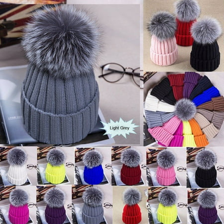 Leegoal Womens Girls Winter Knitted Fur Hat Real Large Raccoon Fur Pom Pom Beanie Cap