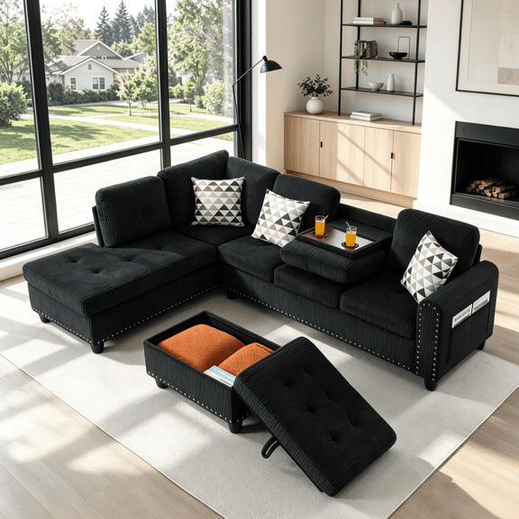 Gewnee 94.49"Modular Sectional Sofa with Storage Ottoman,L-Shaped Comfort Sofa with Cup Holders & Nailhead Trim,Modern Corduroy Couch for Living Room.Black
