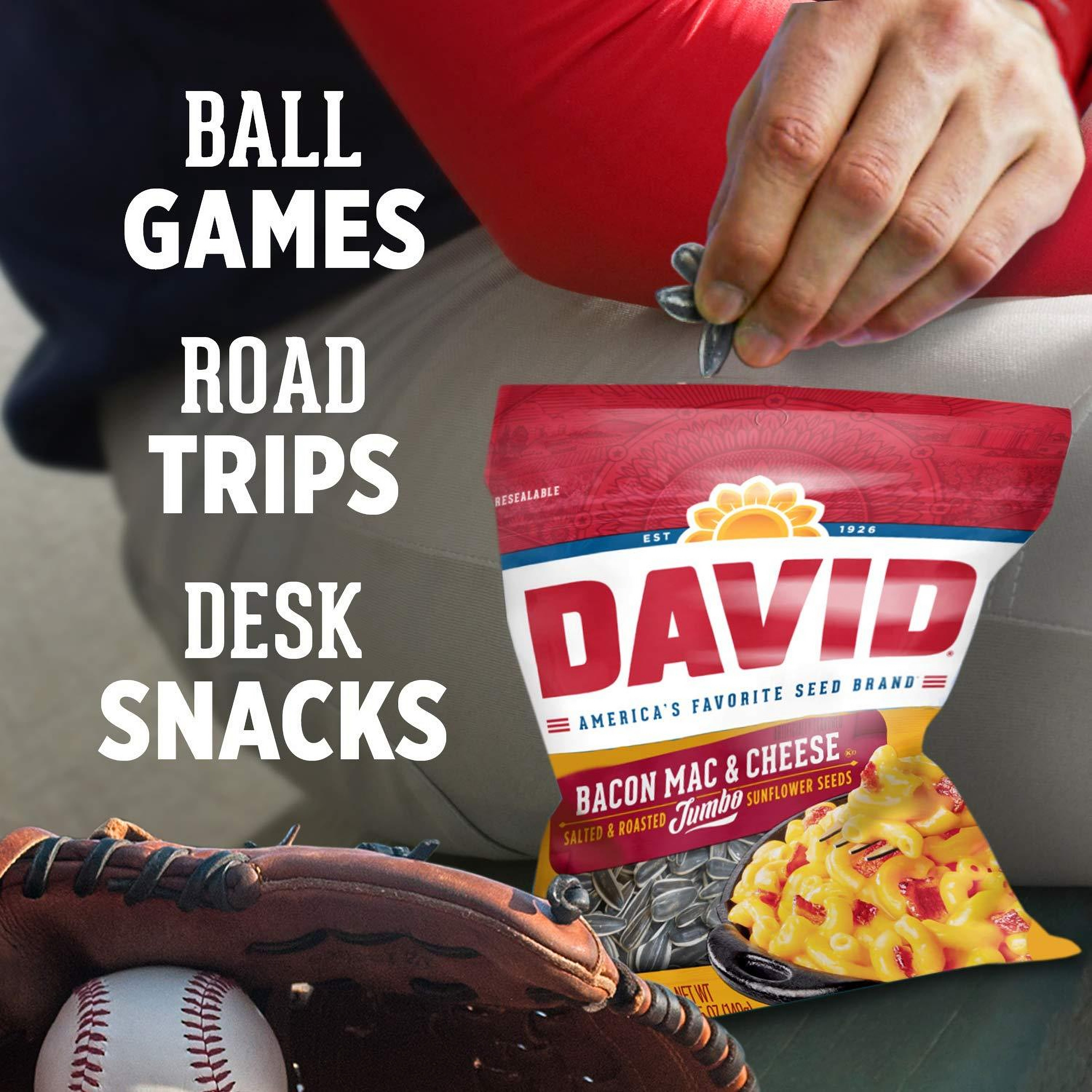 DAVID Seeds Roasted and Salted Bacon Mac & Cheese Jumbo Sunflower Seeds, Keto Friendly, 5.25 oz, 12 Pack
