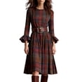 thumbnail image 2 of ClodeEU Women's Plaid Flare Long Sleeve Dress ,Ruched Smocked Tiered Ruffle A Line Casual Boho Dresses with Belt Multicolor,Womens Plus M, 2 of 6