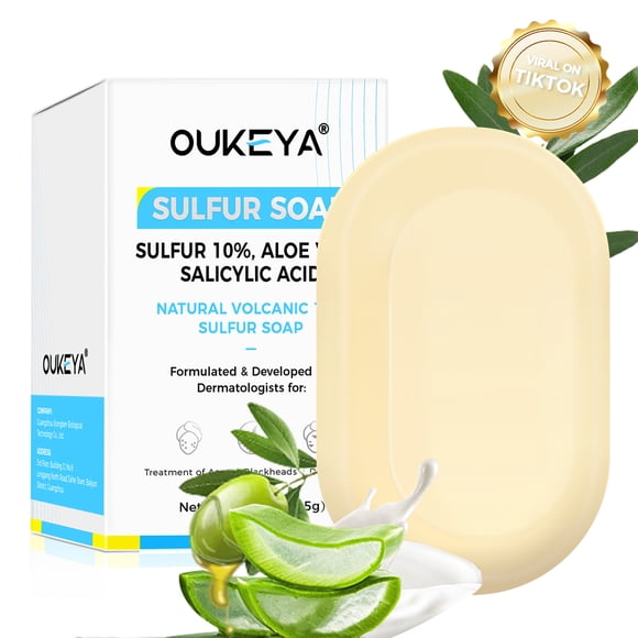 OUKEYA Jabón de Baño con Azufre y Ácido Salicílico para Acné, Espinillas, Puntos Negros, Imperfecciones, Equilibrio de Poros, 1 Pieza