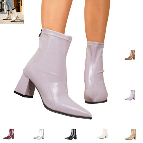 YOUYEDIAN Boots for Women Fashion Pointed Toe High Blcok Heel Casual Mid Top Booties Versatile Comfortable Soft Leather Back Zipper Shoes