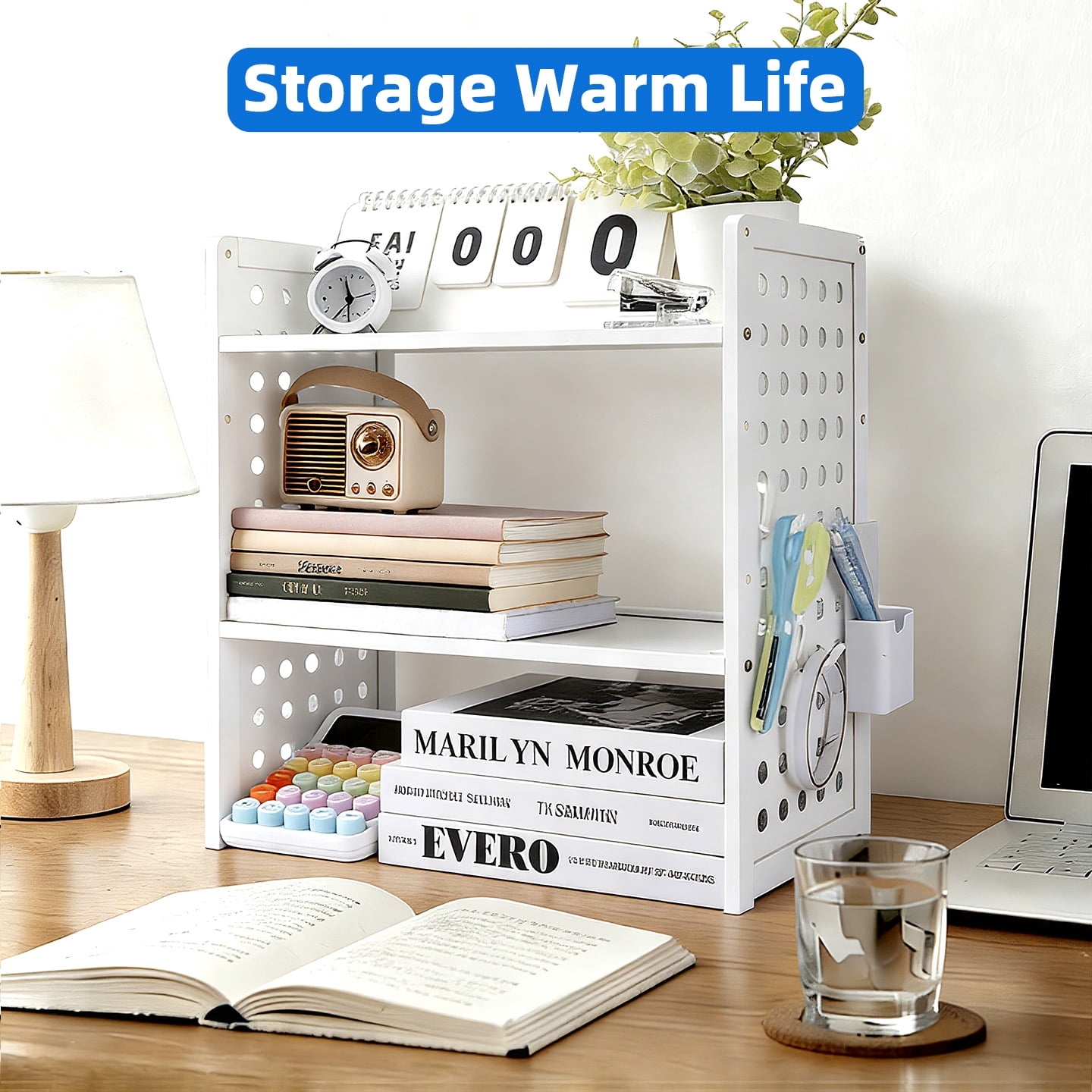Marsrock  Clearance (White-2 Tier) Office Desk Shelf Organizer,Medium Density Fiberboard Desktop Bookshelf Supplies Storage Rack,Shelf for Top of Desk and Dresser