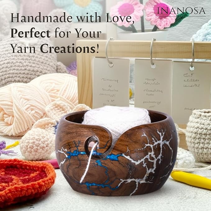 Rosewood Wooden Yarn Bowl for Crocheting Large 7X4 Inch, Cute Crochet Hooks of 5 & 6 mm with Knitting Bowl for Yarn, Best Gift for Crochet Lovers from Craft Supplier Brand INANOSA with Velvet Bag