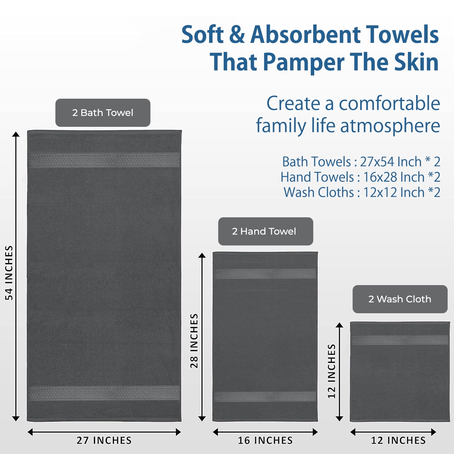 Dan River 6 Piece Towel Set Soft Quick Drying Cotton Bath Towel For Gym, Spa and Bathroom - Gray