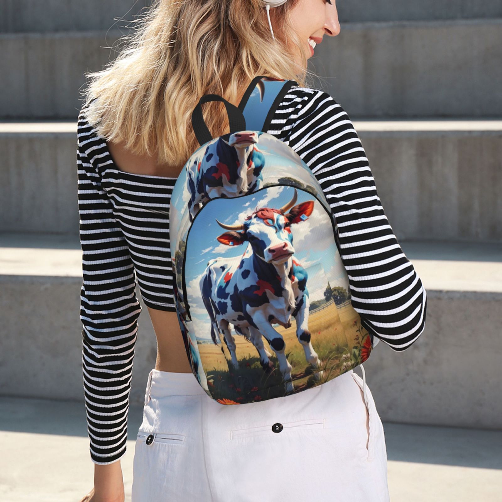 Picia Colorful Cow Pasture Printed Canvas Daypack - Stylish and Durable Vintage Compact Backpack - Class, Work, Travel, or Laptop Bookbag,Organized Compartments-Small