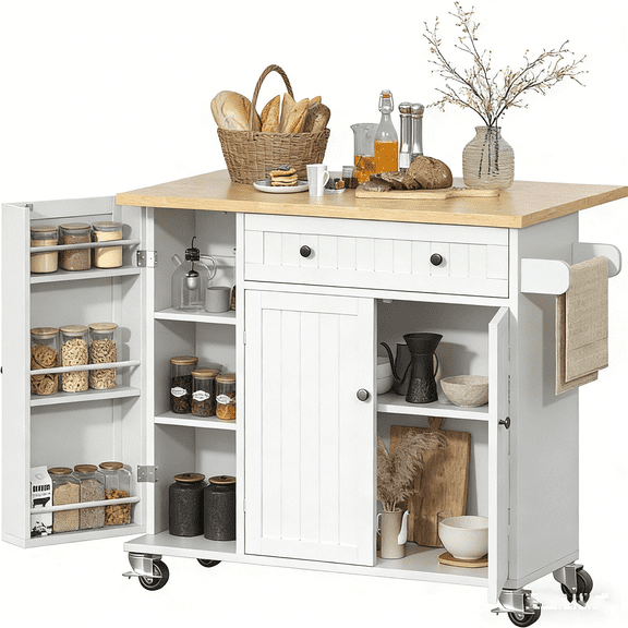 Frmobepts 41.3" Kitchen Island Cart Rolling Storage Cabinet Cart with Drawer & Rack,White