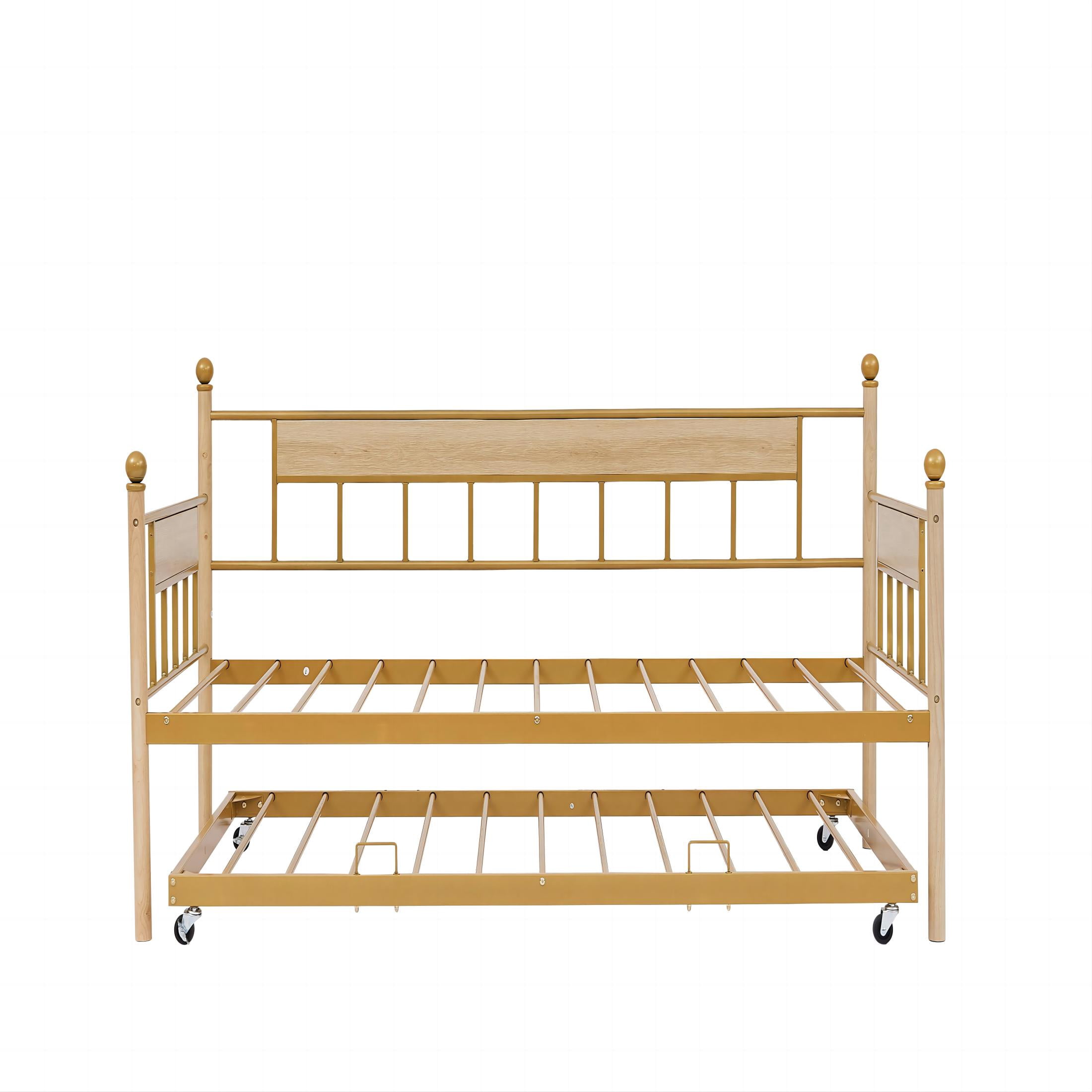 PORKISS Daybed, Steel & Wood Daybed with Trundle and Metal Frame, Modern Sofa Bed with Twin Size Frame for Bedroom, Apartment, and Living Room, Natural & Golden