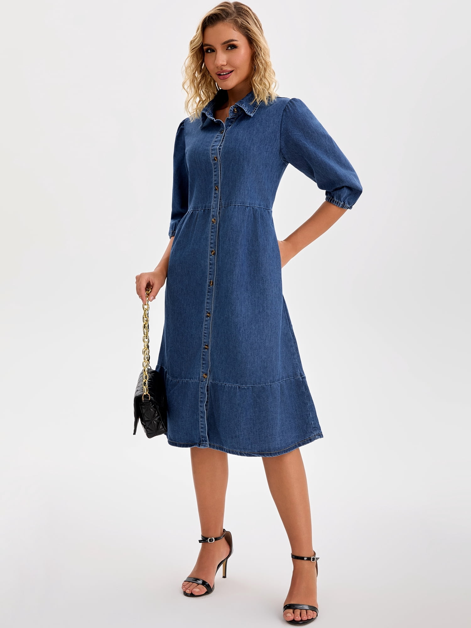 DARING DIVA Women's 3/4 Sleeve Button Down Collar Swing Tiered Dress 2XL Dark Blue