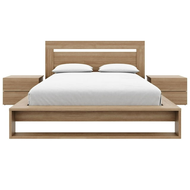 Ophelia 4 piece bedroom set featuring a modern wooden slatted bedframe with headboard and two matching nightstands in light wood finish.