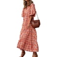 thumbnail image 3 of Vestido largo bohemio con mangas abullonadas para mujer, vestido informal de verano con cordón Floral y cuello en V, vestidos sueltos para vacaciones y playa, 3 of 5