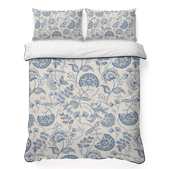 Twin XL Quilt Set 68''x98'', Blue Paisley Lightweight Bedspread Coverlet Set with 2 Pillow Shams, Vintage Boho Flower Botanical Leaf Branch Breathable All Season Quilt Bedding for Dorm/Guest Room