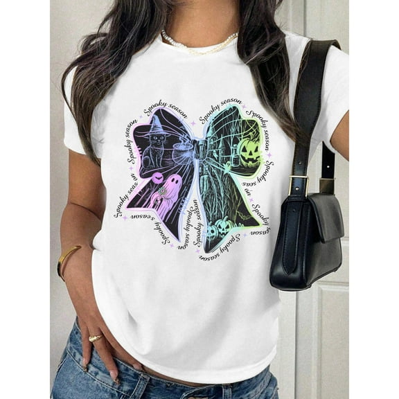 Spooky Season Bow Tee Halloween Graphic T Shirt Tops Purple Orange Mysterious Ghostly Design White S-5XL