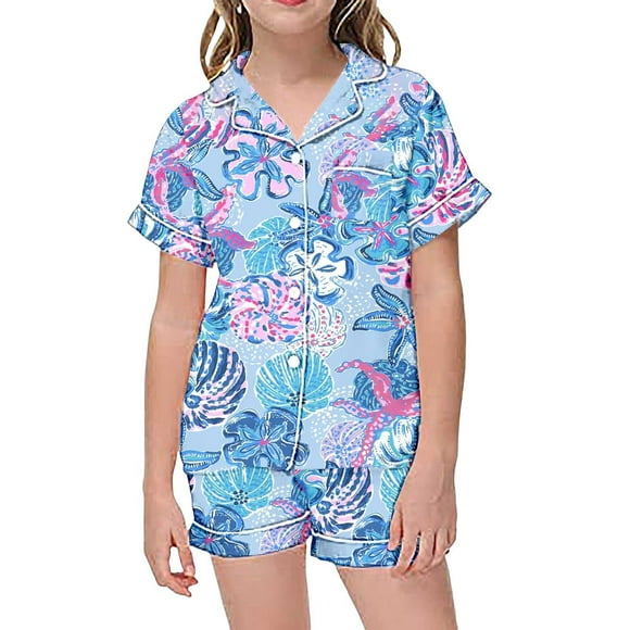 MIASHUI Stylish Kids Pajama Sets for Girls - 2 Piece Graphic Print Short Sleeve Button-Up Shirt and Comfortable Shorts Blue,12-13 Years