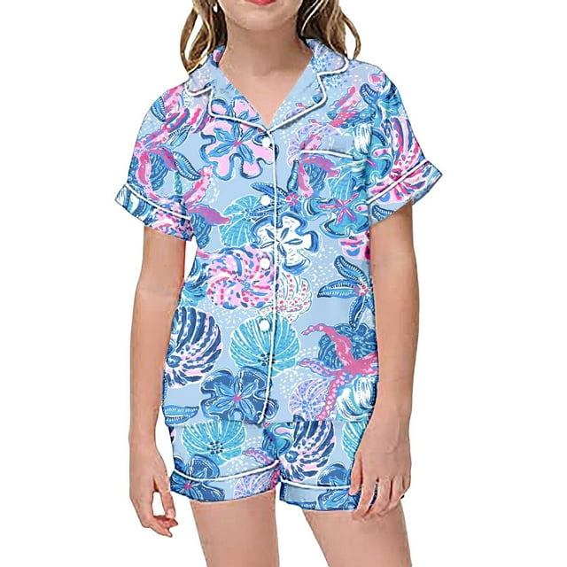Girls Pajama Set Print Short Sleeves Button Down Homewear Set Girls' Fashion Pajamas Set Preppy Pajamas For Girls Boys Girls Fashion
