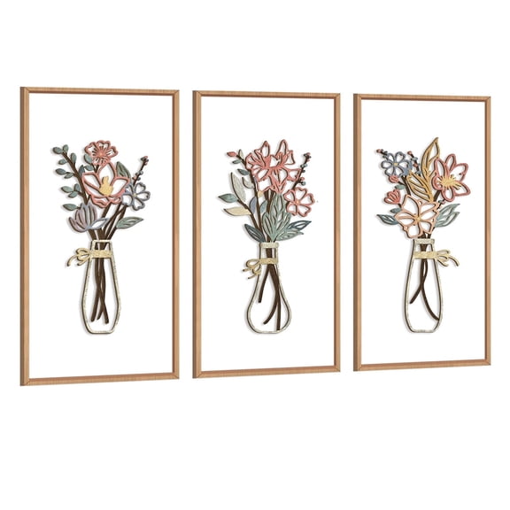 3D Wooden Floral Wall Art Framed Vintage Vase Flowers Wall Decor Colorful Botanical Wall Sculptures Modern Minimalist Artwork Set of 3 for Farmhouse Living Room Bedroom 8X16 In