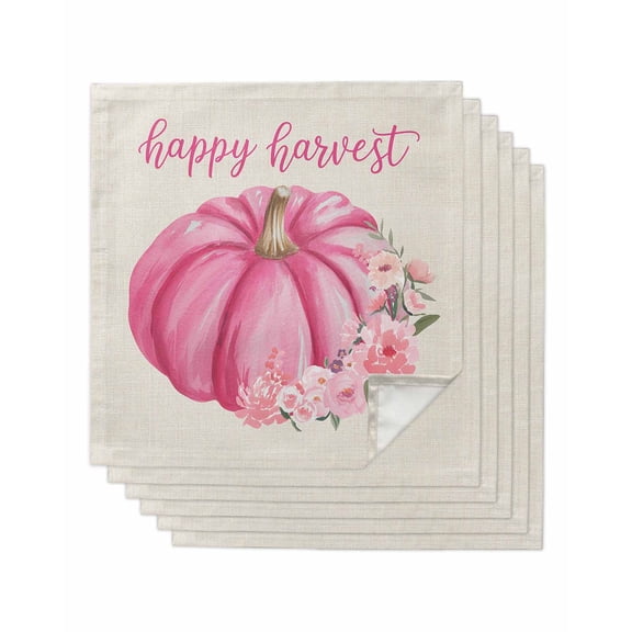 Fall Pink Pumpkins Cloth Napkins Set of 6 Reusable Dinner Napkins, Thanksgiving Harvest Watercolor Flowers Cocktail Napkin Washable Table Napkins for Wedding/Holiday Party/Baby Shower 20"x20"