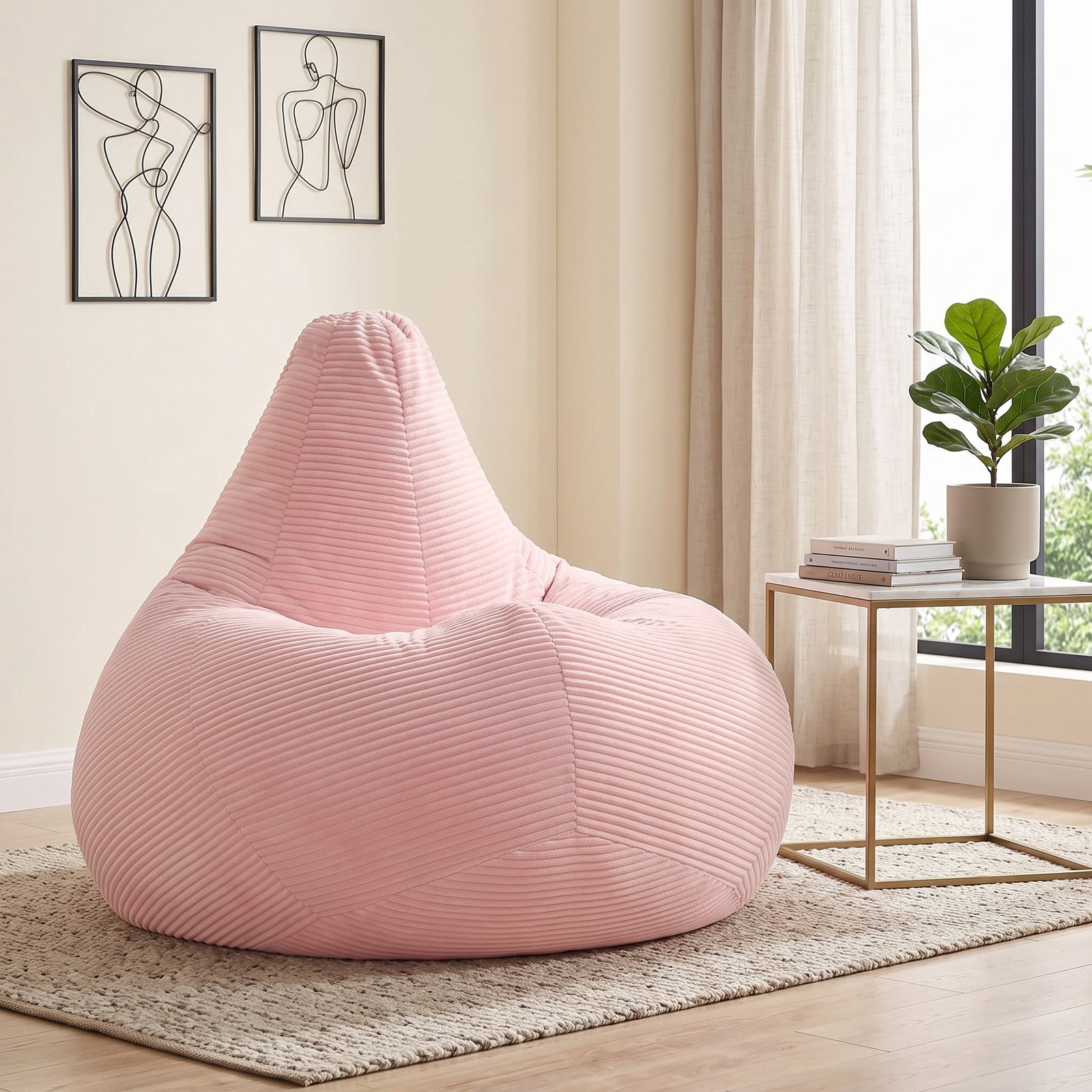 Furnibear Bean Bag Chair for Adults, Corduroy Lazy Lounger Accent Sofa with Soft Sponge Filling, Skin-Friendly Cover, Ergonomic Reading Gaming Seat for Bedroom, Pink