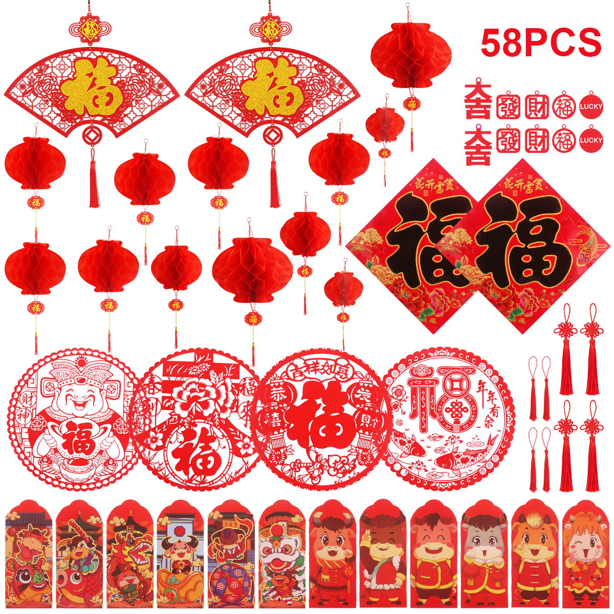 Chinese New Year Decoration Chinese Couplets Chunlian Paper Red Lantern Red Envelopes Hong Bao Chinese Fu Character Paper Window Spring Festival Party Decor 52 pieces 