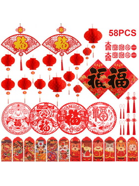 Chinese New Year Decoration - Paper Red Lantern Red Envelopes Hong Bao Red Felt Lucky Character Chinese Fu Character Paper Window - Spring Festival Party Decor [58 pieces]