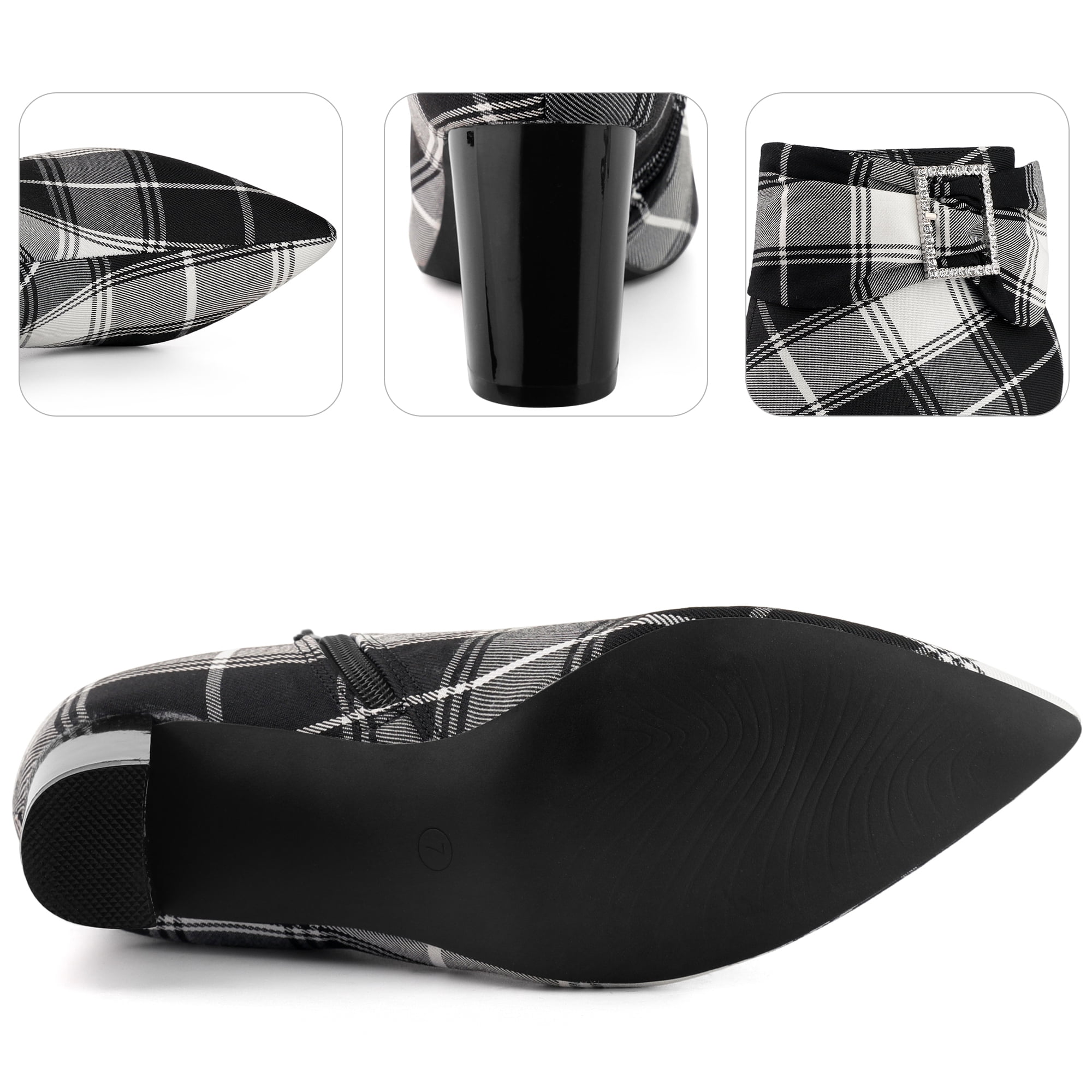 Unique Bargains Plaid Pointy Toe Bow Decor Zipper Chunky Heels Ankle Boots for Women Black 8