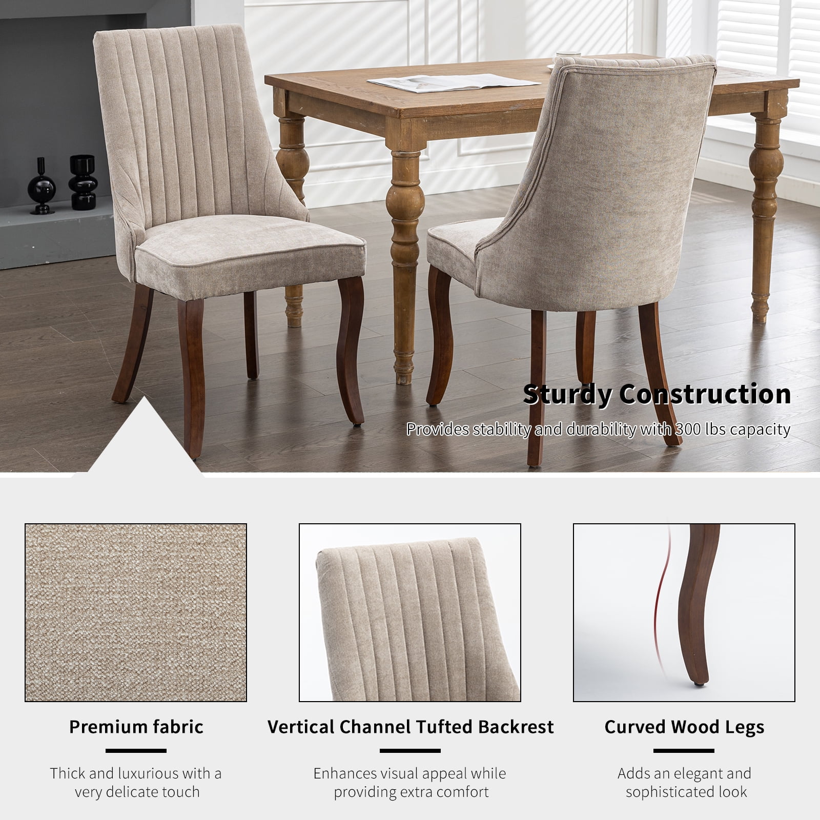 Beige Mid Century Dining Chairs Set of 6, Modern Kitchen & Dining Room Chairs Set of 6, Fabric Upholstered Kitchen Chairs for Dining Table, Sillas de Comedor, Wood Legs (Beige, 6 Pcs)