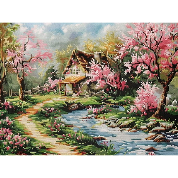 Natural Landscape Cottage and Stream Blossom Cherry DIY 11CT Stamped Cross Stitch Kits for Beginners Easy Needlepoint Embroidery Counted Cross Stitch Art Craft for Wall Decoration 12x16inch(2)