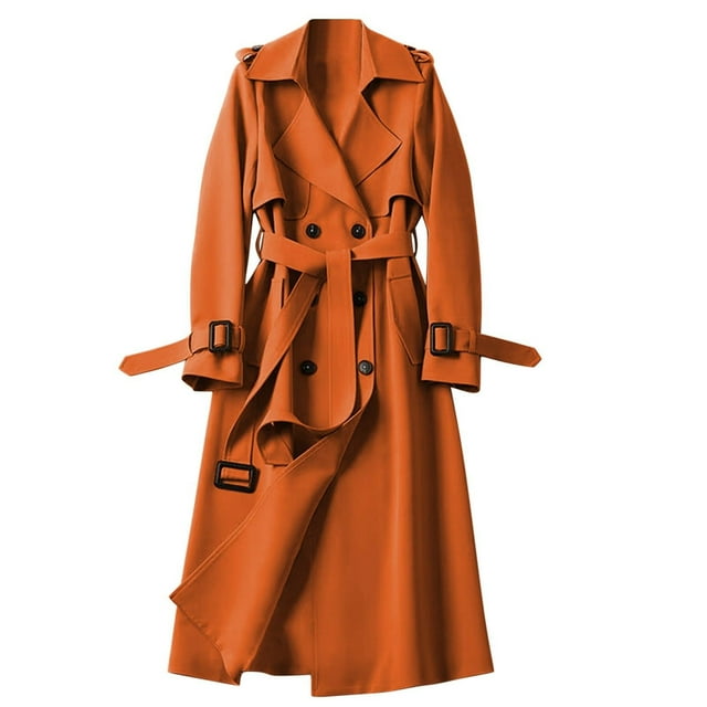Mid-Length Trench Coat, British-Style Overcoat, Small-Size Long Jacket Orange M , Trench Coat