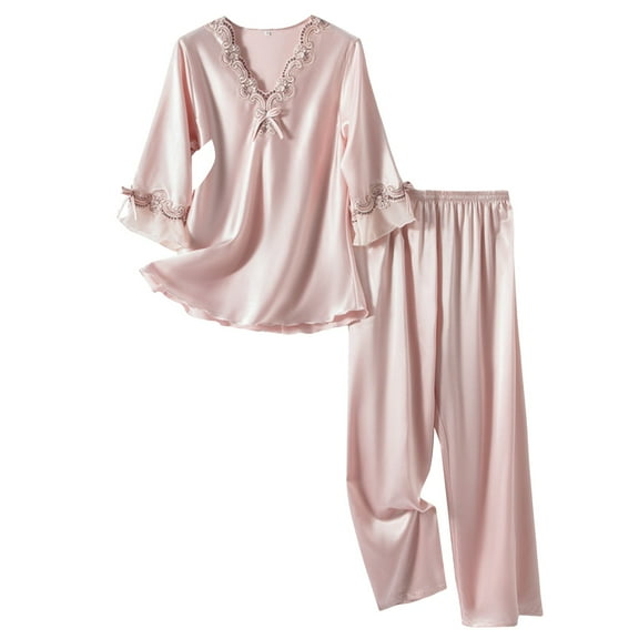 Women's Silk Satin Pajamas Set 2 Piece Womens Valentines Day Outfit Long Sleeve Button Down Sleep Sets Pink Pajamas for Women Set