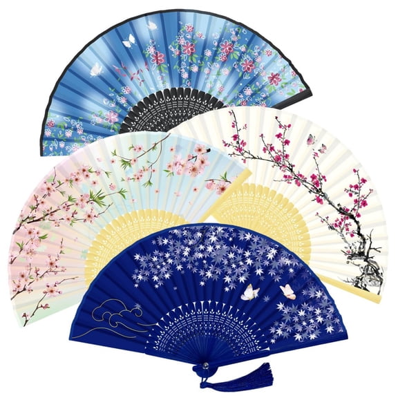 4 Pcs Foldable Hand Fans for Women, Silk and Paper Folding Fans with Bamboo Frame