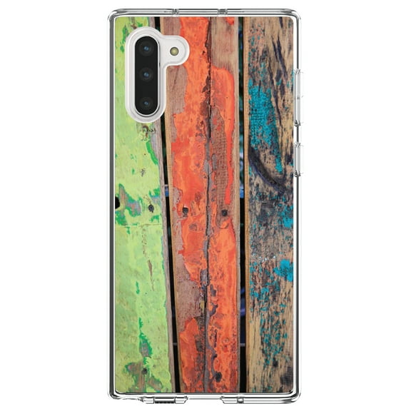 DistinctInk Clear Shockproof Hybrid Case for Samsung Galaxy Note 10 (6.3" Screen) - TPU Bumper, Acrylic Back, Tempered Glass Screen Protector - Rough Painted Wood Print - Printed Wood Grain Image