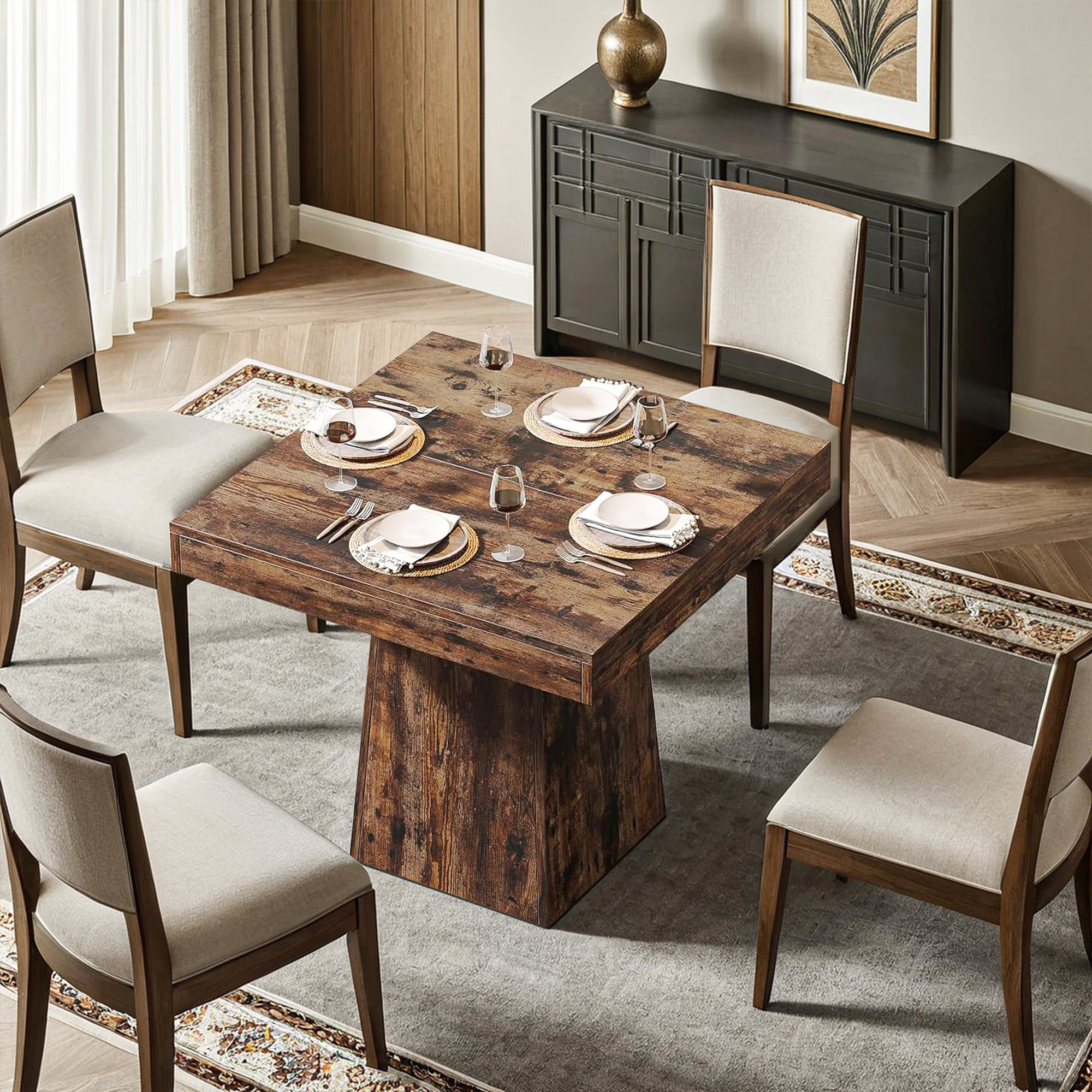 Demi Bonn 31" Modern Square Dining Table for 4 People, Wood Farmhouse Kitchen Dinner Table for Dining Room, Living Room Furniture, Rustic Brown