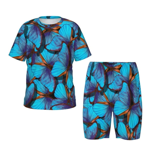 Fotbe Blue Butterflies Pijama Estampada de 2 Piezas para Niños – Ropa de Dormir de Manga Corta Cómoda para Niños y Niñas, Camiseta y Shorts de Algodón-Small