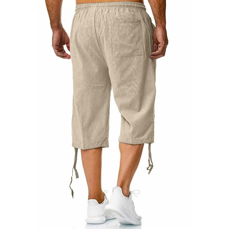 Uerlsty Mens Cotton Linen 3/4 Length Shorts Elasticated Waist Cargo Three  Quarter Pants 