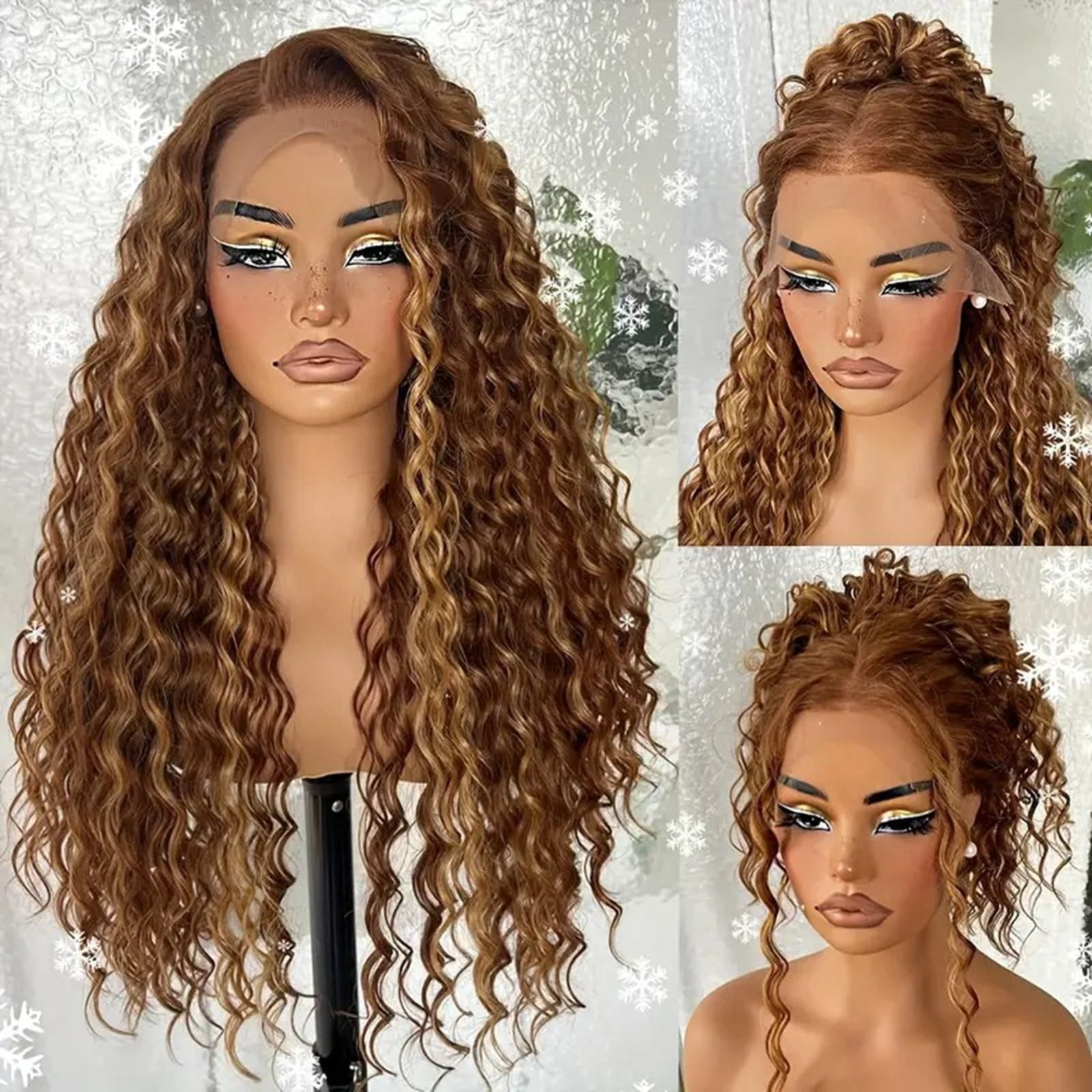 Yoofe Wigs Human Hair,Front Lace Wig Front Lace Wig Women's Highlighted Gradient Wave Long Curly Hair Piano Color Wig Wave Wigs for Women Natural Color 1Pc,24 Inches